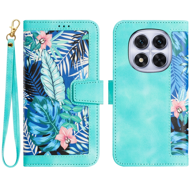 

For Redmi Note 14 Pro 5G Floral Pattern Leather Phone Case with Lanyard(Green)