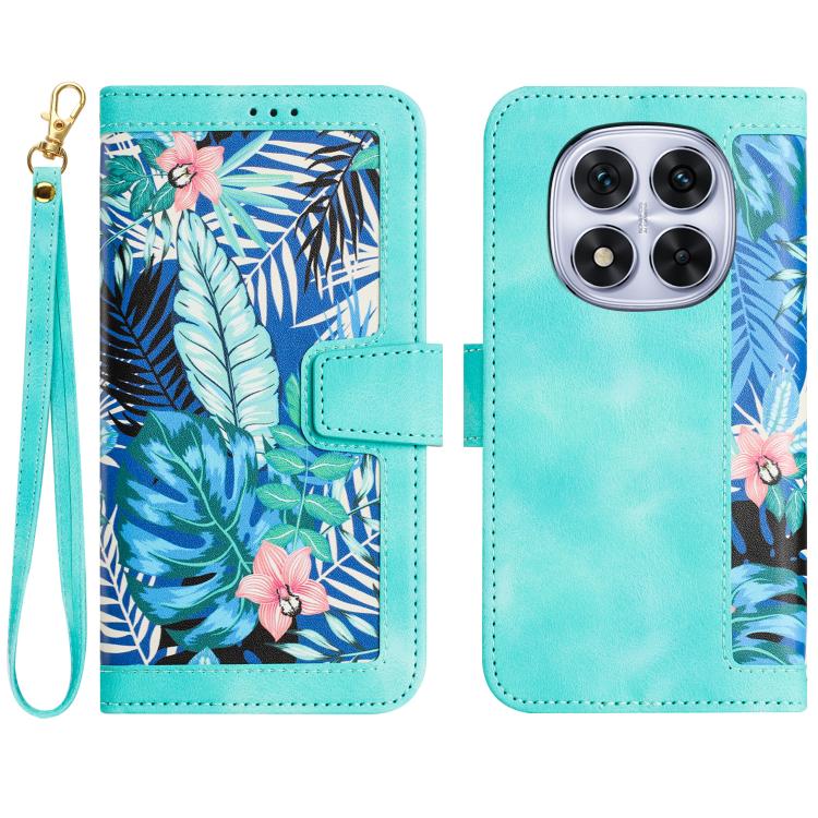 

For Redmi Note 14 Pro+ 5G Floral Pattern Leather Phone Case with Lanyard(Green)