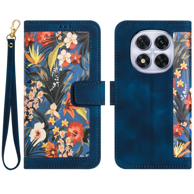 

For Redmi Note 14 Pro+ 5G Floral Pattern Leather Phone Case with Lanyard(Dark Blue)