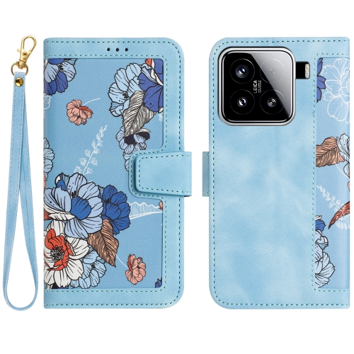 

For Xiaomi 15 Floral Pattern Leather Phone Case with Lanyard(Light Blue)