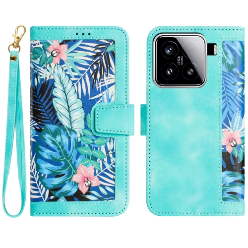 

For Xiaomi 15 Floral Pattern Leather Phone Case with Lanyard(Green)