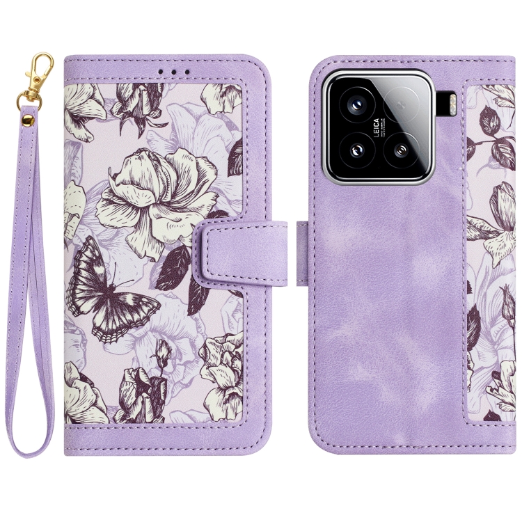 

For Xiaomi 15 Floral Pattern Leather Phone Case with Lanyard(Light Purple)