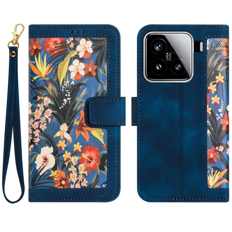 

For Xiaomi 15 Floral Pattern Leather Phone Case with Lanyard(Dark Blue)