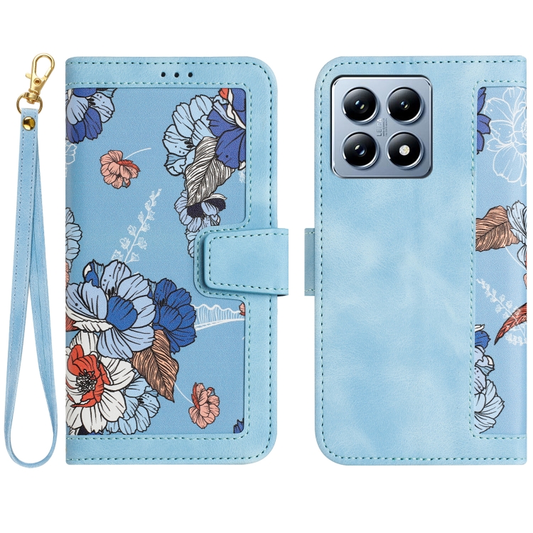 

For Xiaomi 14T Floral Pattern Leather Phone Case with Lanyard(Light Blue)