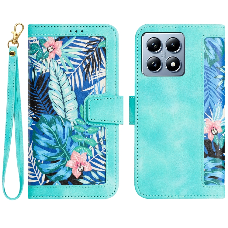 

For Xiaomi 14T Floral Pattern Leather Phone Case with Lanyard(Green)