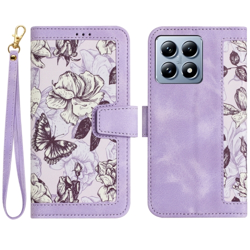 

For Xiaomi 14T Floral Pattern Leather Phone Case with Lanyard(Light Purple)