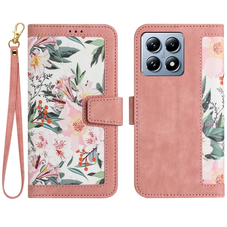 

For Xiaomi 14T Floral Pattern Leather Phone Case with Lanyard(Pink)