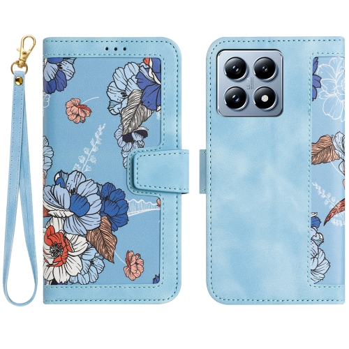 

For Xiaomi 14T Pro Floral Pattern Leather Phone Case with Lanyard(Light Blue)