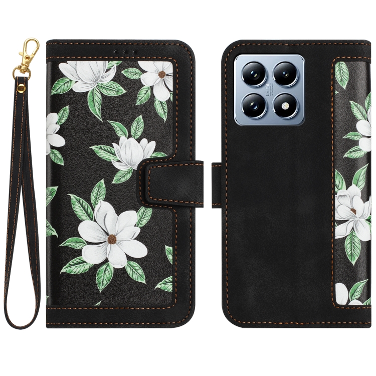 

For Xiaomi 14T Pro Floral Pattern Leather Phone Case with Lanyard(Black)