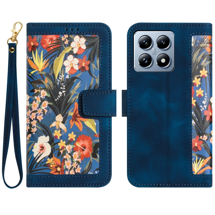 

For Xiaomi 14T Pro Floral Pattern Leather Phone Case with Lanyard(Dark Blue)