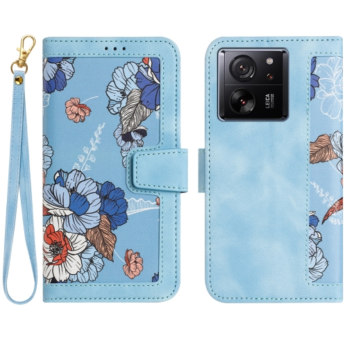 

For Xiaomi 13T Floral Pattern Leather Phone Case with Lanyard(Light Blue)