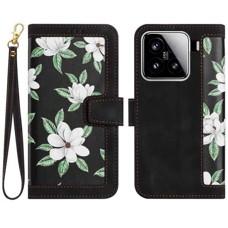

For Xiaomi 15 Pro Floral Pattern Leather Phone Case with Lanyard(Black)