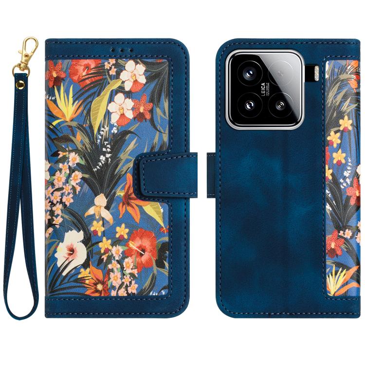 

For Xiaomi 15 Pro Floral Pattern Leather Phone Case with Lanyard(Dark Blue)