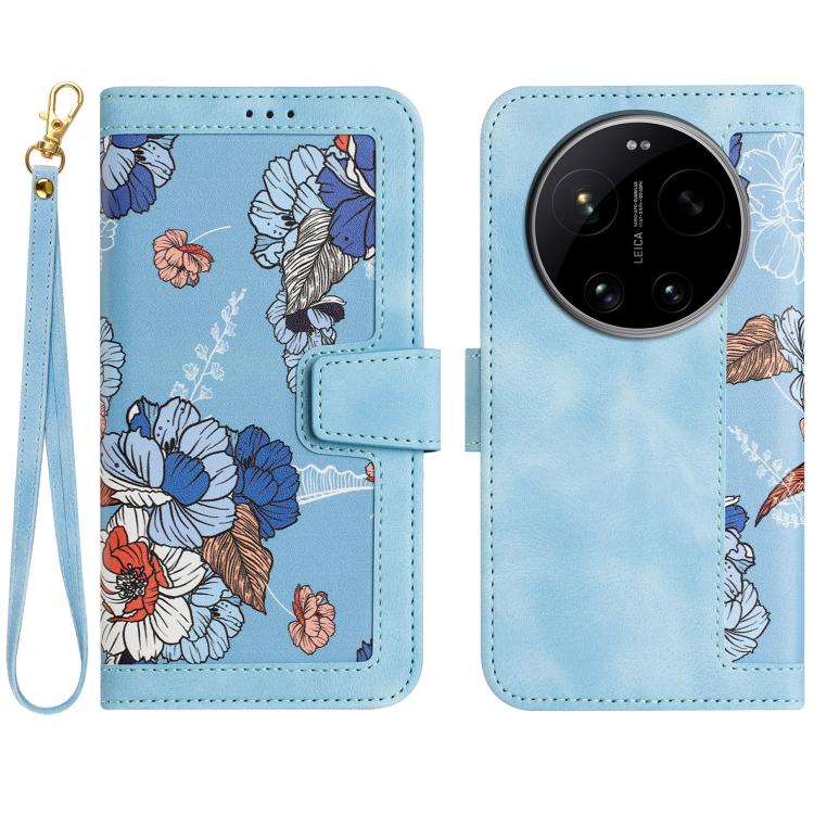 

For Xiaomi 17 Ultra Floral Pattern Leather Phone Case with Lanyard(Light Blue)