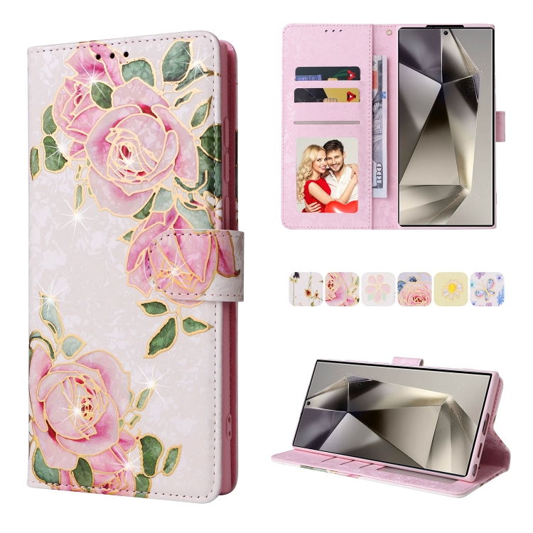 

For Galaxy S25 Ultra 5G Bronzing Painting RFID Leather Phone Case(Rose Flower)