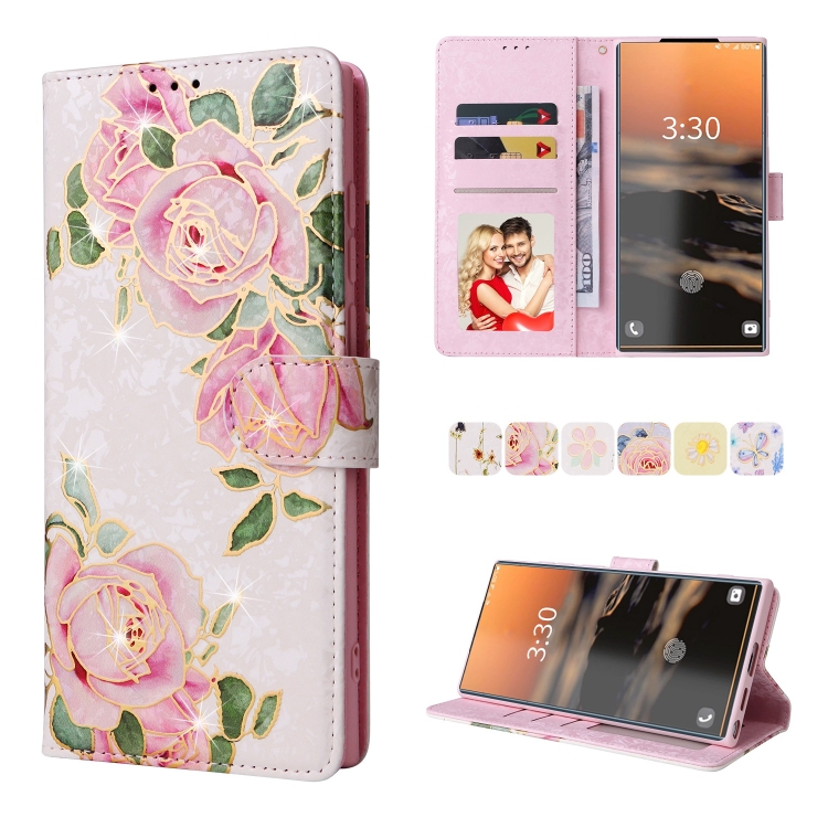 

For Samsung Galaxy S23 Ultra 5G Bronzing Painting RFID Leather Phone Case(Rose Flower)
