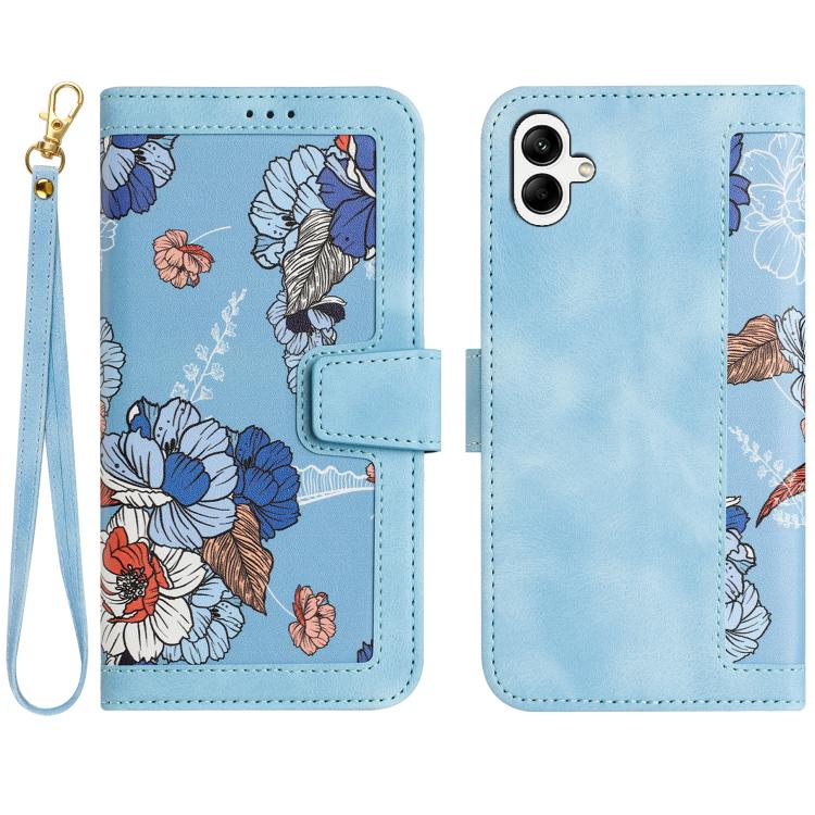 

For Galaxy A07 / A08 5G / 4G Floral Pattern Leather Phone Case with Lanyard(Light Blue)