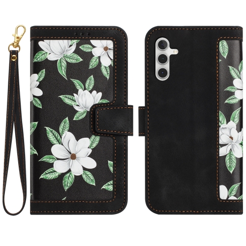 

For Samsung Galaxy S25+ 5G Floral Pattern Leather Phone Case with Lanyard(Black)