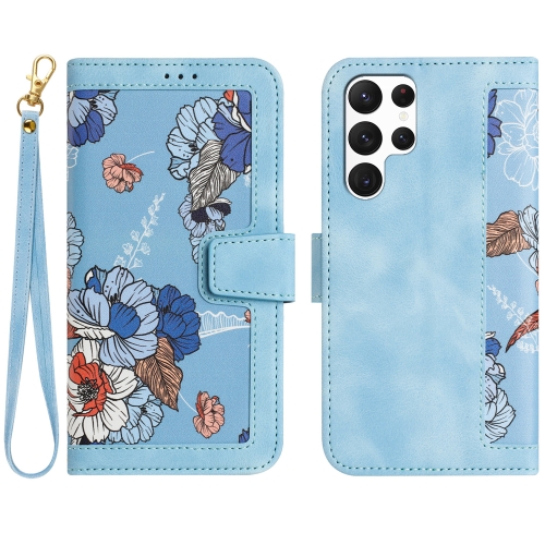 

For Samsung Galaxy S24 Ultra 5G Floral Pattern Leather Phone Case with Lanyard(Light Blue)