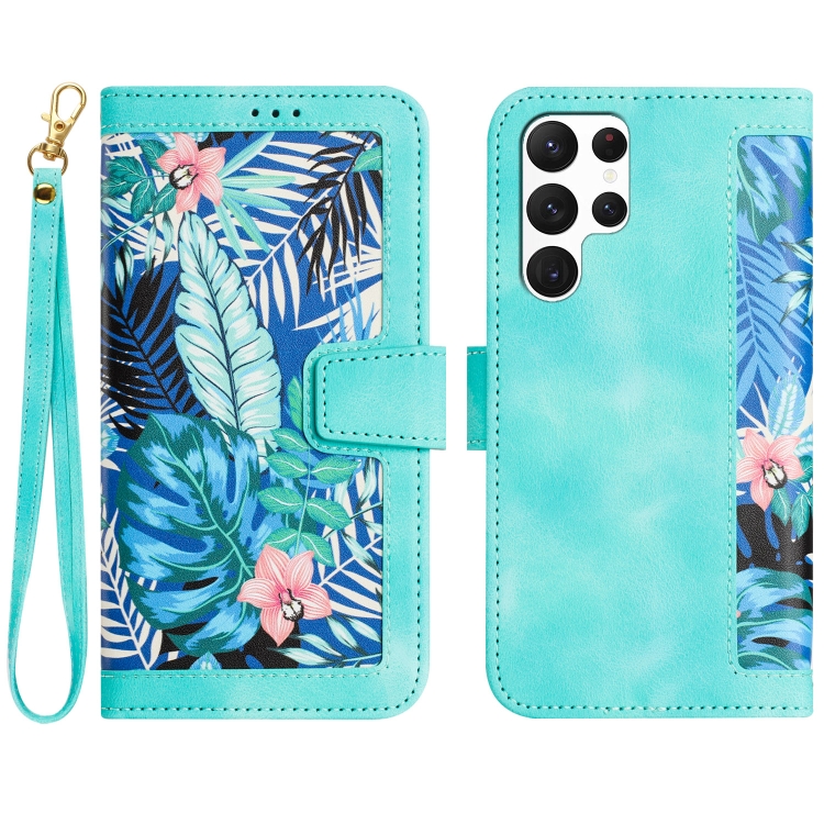 

For Samsung Galaxy S24 Ultra 5G Floral Pattern Leather Phone Case with Lanyard(Green)