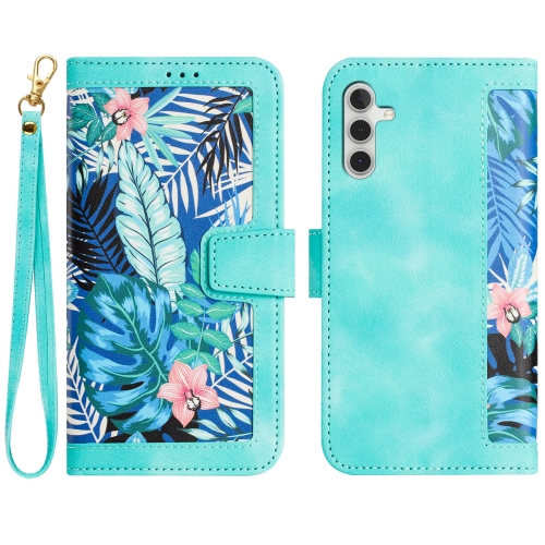 

For Samsung Galaxy S24 FE 5G Floral Pattern Leather Phone Case with Lanyard(Green)