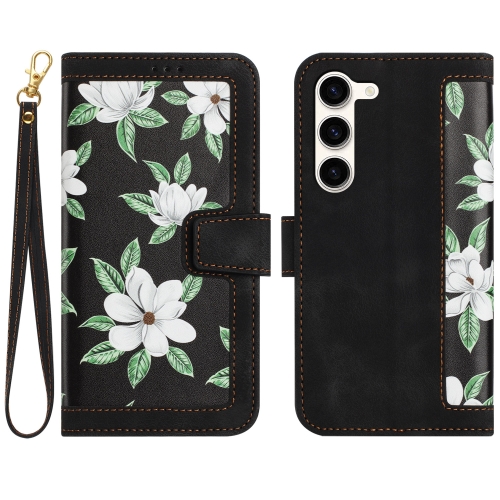 

For Samsung Galaxy S23+ 5G Floral Pattern Leather Phone Case with Lanyard(Black)