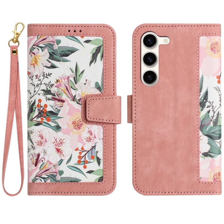 

For Samsung Galaxy S23 5G Floral Pattern Leather Phone Case with Lanyard(Pink)