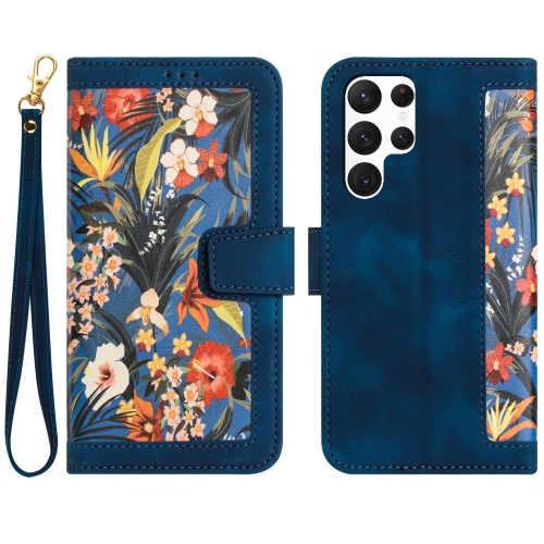 

For Samsung Galaxy S22 Ultra 5G Floral Pattern Leather Phone Case with Lanyard(Dark Blue)