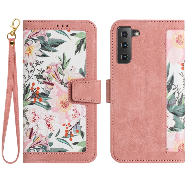 

For Samsung Galaxy S22+ 5G Floral Pattern Leather Phone Case with Lanyard(Pink)