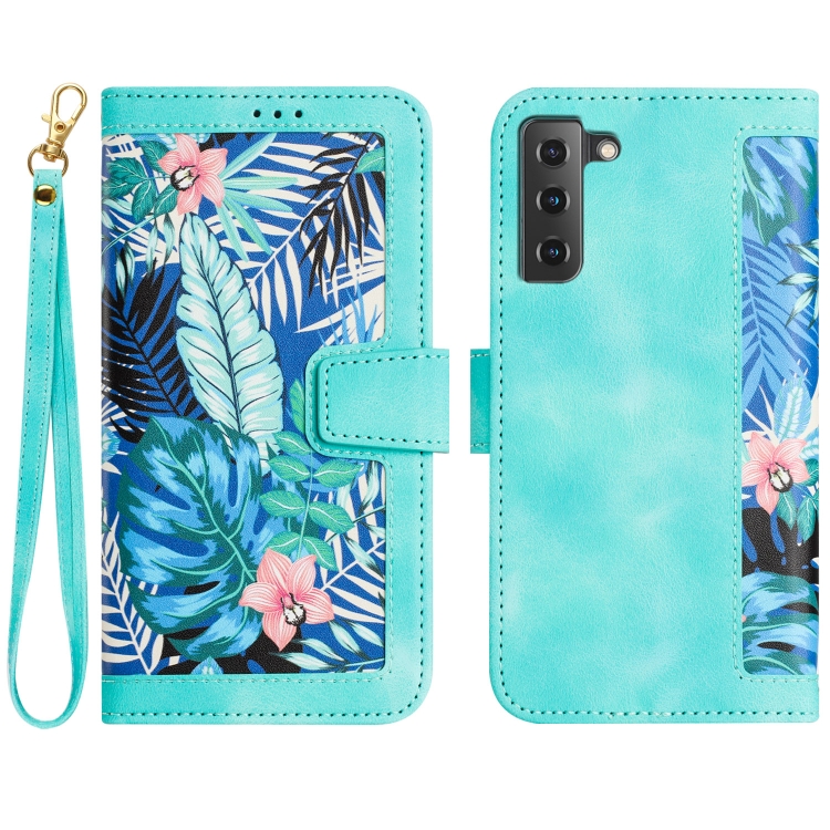 

For Samsung Galaxy S22 5G Floral Pattern Leather Phone Case with Lanyard(Green)