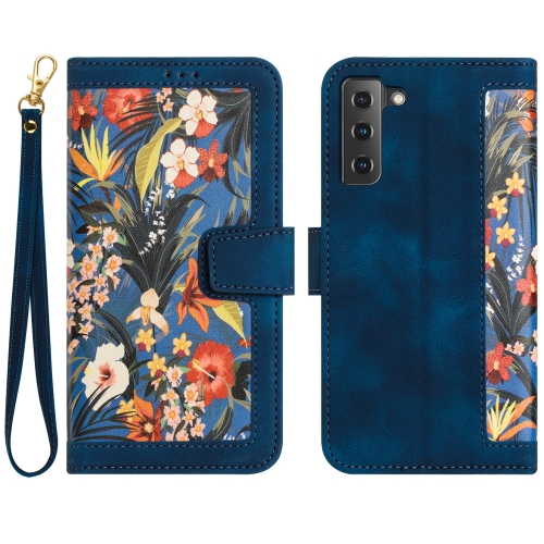 

For Samsung Galaxy S21+ 5G Floral Pattern Leather Phone Case with Lanyard(Dark Blue)