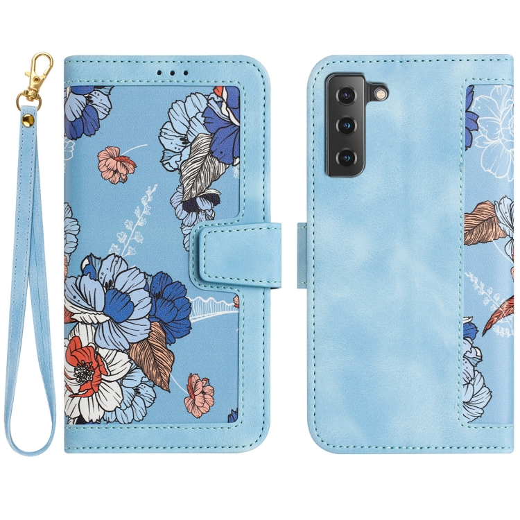 

For Samsung Galaxy S21 5G Floral Pattern Leather Phone Case with Lanyard(Light Blue)