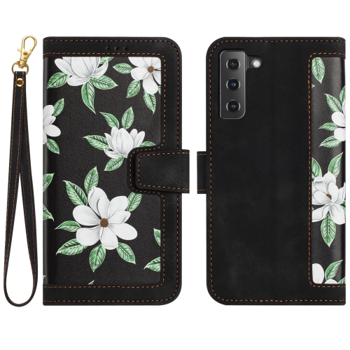 

For Samsung Galaxy S21 5G Floral Pattern Leather Phone Case with Lanyard(Black)