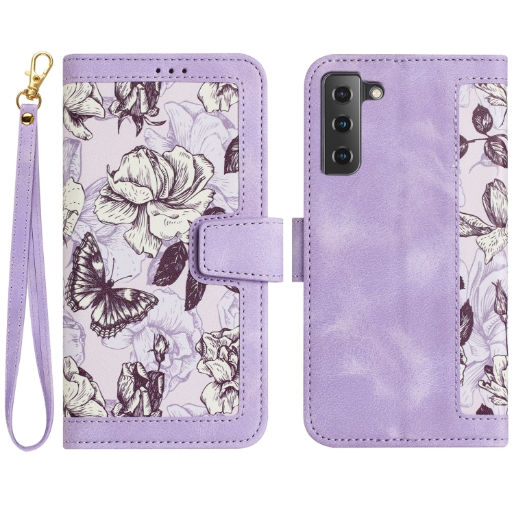 For Samsung Galaxy S21 FE 5G Floral Pattern Leather Phone Case with Lanyard(Light Purple)