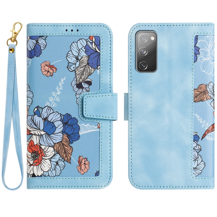 

For Samsung Galaxy S20 FE Floral Pattern Leather Phone Case with Lanyard(Light Blue)
