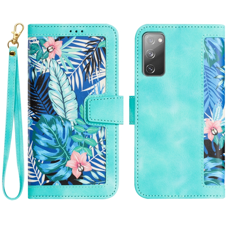 

For Samsung Galaxy S20 FE Floral Pattern Leather Phone Case with Lanyard(Green)