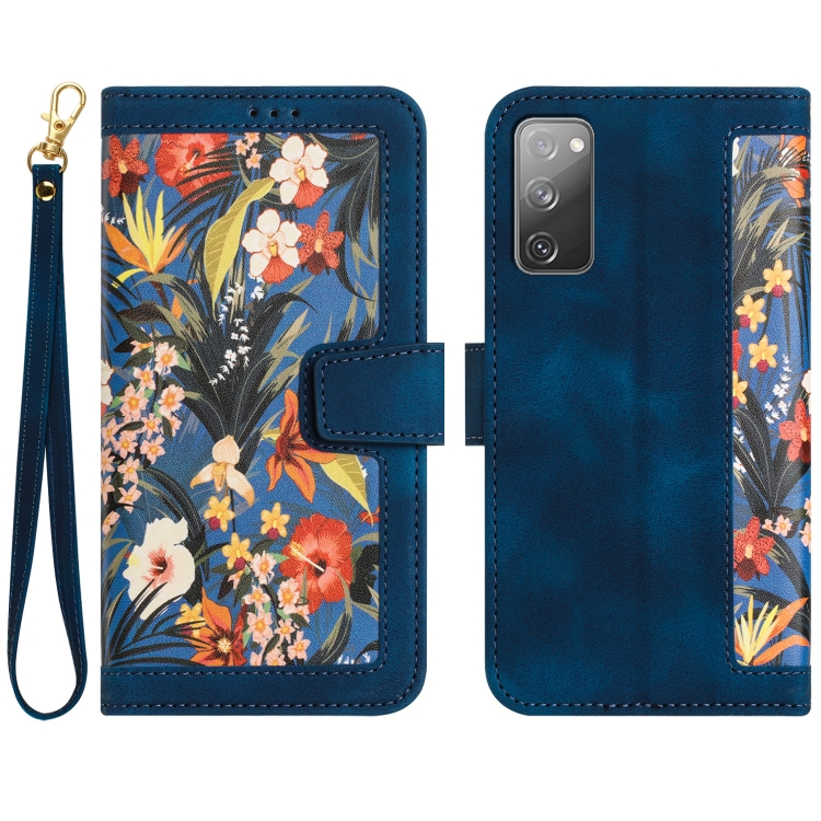 

For Samsung Galaxy S20 FE Floral Pattern Leather Phone Case with Lanyard(Dark Blue)