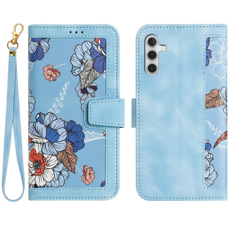 For Samsung Galaxy S25 FE 5G Floral Pattern Leather Phone Case with Lanyard(Light Blue)