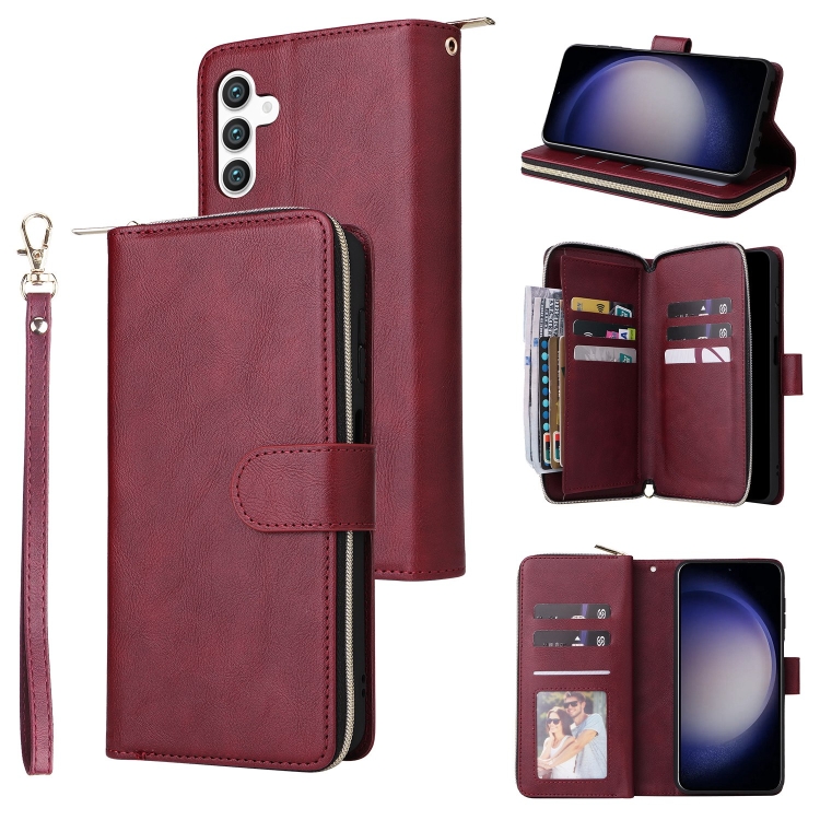 

For Samsung Galaxy S25 5G 9-Card Slots Zipper Wallet Bag Leather Phone Case(Wine Red)