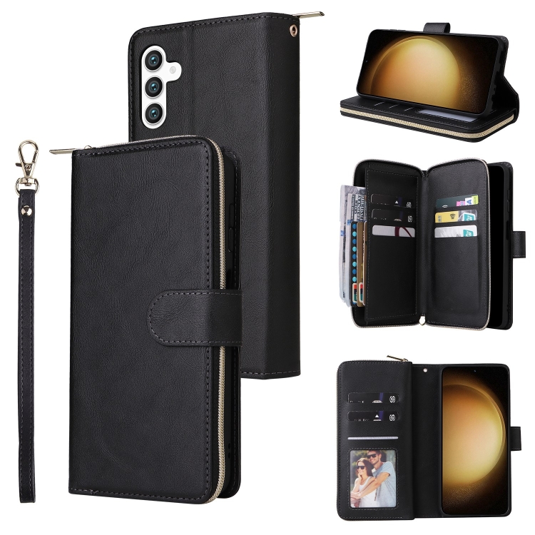 

For Samsung Galaxy S25+ 5G 9-Card Slots Zipper Wallet Bag Leather Phone Case(Black)