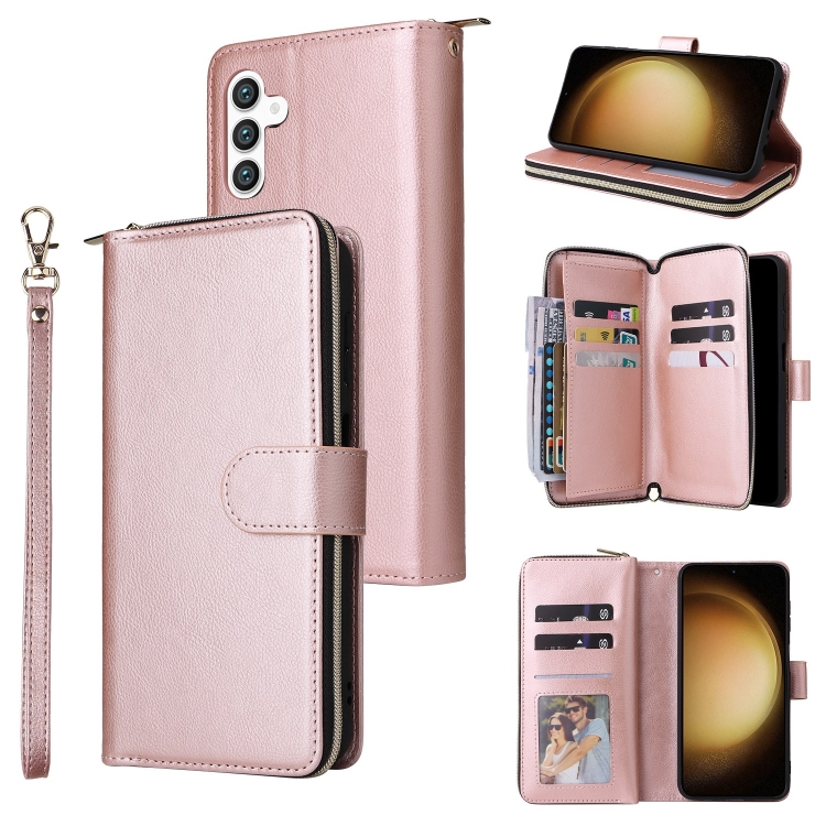 

For Samsung Galaxy S25+ 5G 9-Card Slots Zipper Wallet Bag Leather Phone Case(Rose Gold)