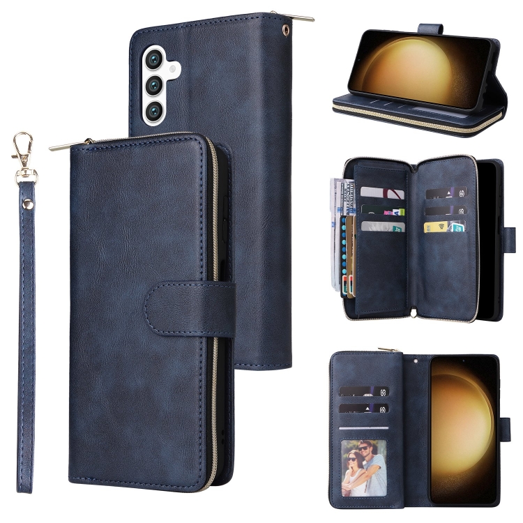 

For Samsung Galaxy S25+ 5G 9-Card Slots Zipper Wallet Bag Leather Phone Case(Blue)