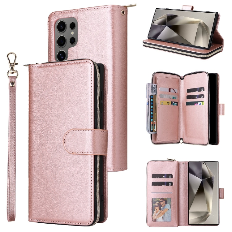 

For Galaxy S25 Ultra 5G 9-Card Slots Zipper Wallet Bag Leather Phone Case(Rose Gold)