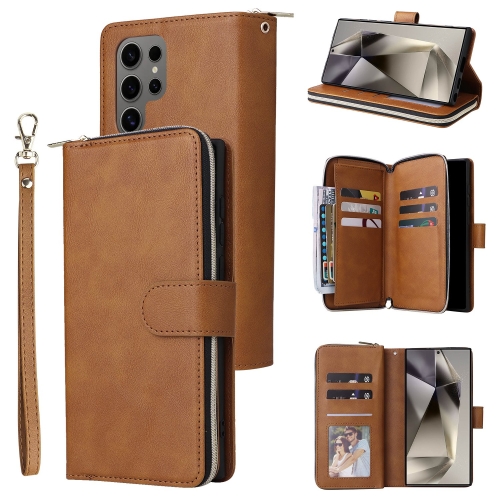 

For Samsung Galaxy S25 Ultra 5G 9-Card Slots Zipper Wallet Bag Leather Phone Case(Brown)