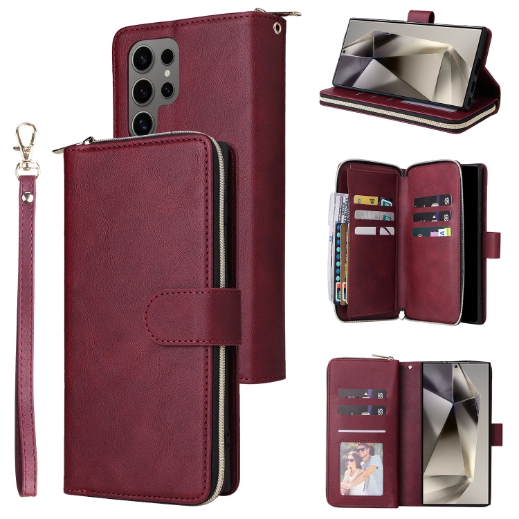 

For Samsung Galaxy S25 Ultra 5G 9-Card Slots Zipper Wallet Bag Leather Phone Case(Wine Red)