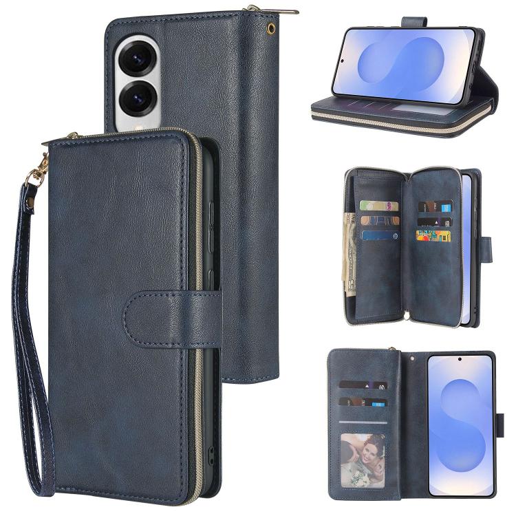 

For Samsung Galaxy S25 Edge 5G 9-Card Slots Zipper Wallet Bag Leather Phone Case(Blue)