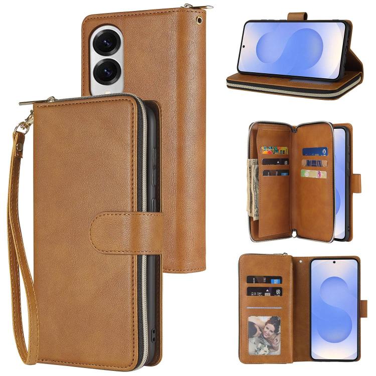 

For Samsung Galaxy S25 Edge 5G 9-Card Slots Zipper Wallet Bag Leather Phone Case(Brown)
