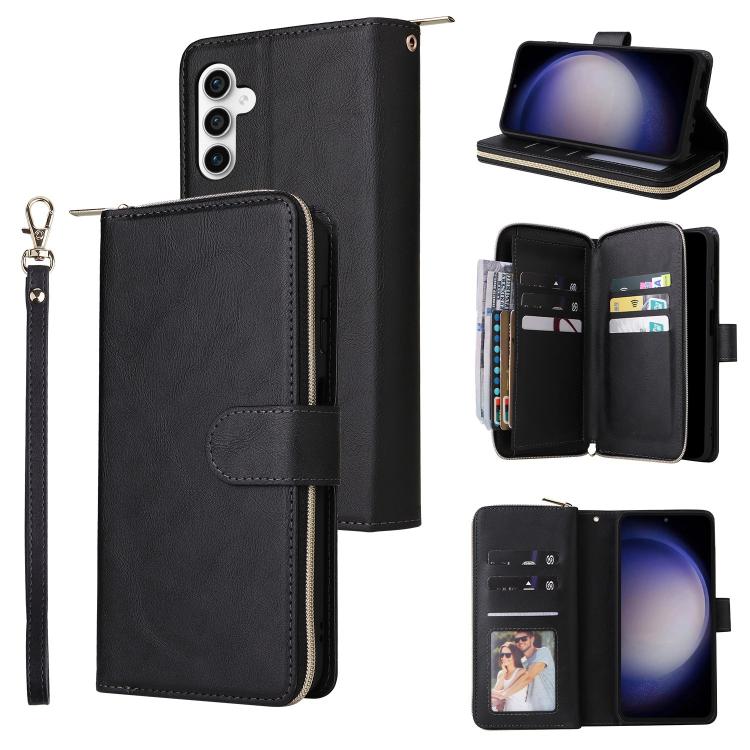 

For Samsung Galaxy S25 FE 5G 9-Card Slots Zipper Wallet Bag Leather Phone Case(Black)