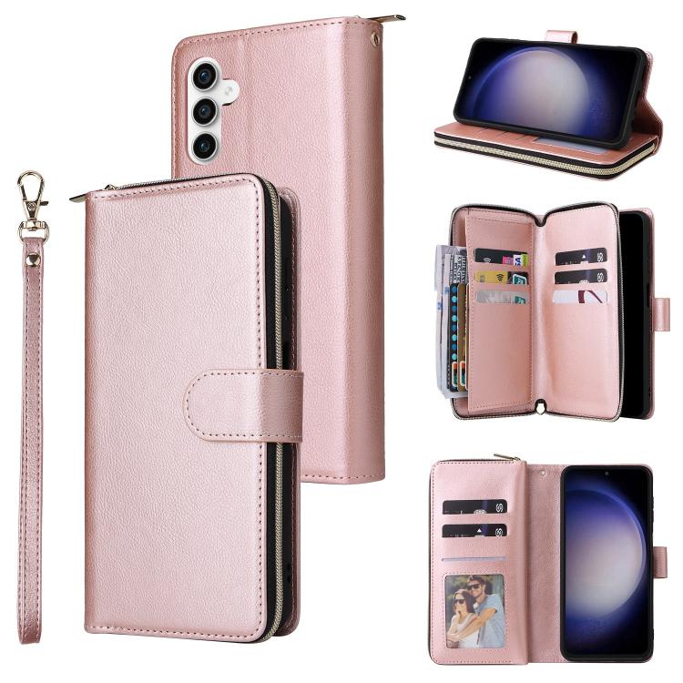 

For Samsung Galaxy S25 FE 5G 9-Card Slots Zipper Wallet Bag Leather Phone Case(Rose Gold)