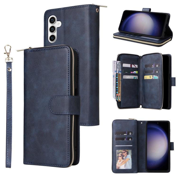 

For Samsung Galaxy S25 FE 5G 9-Card Slots Zipper Wallet Bag Leather Phone Case(Blue)